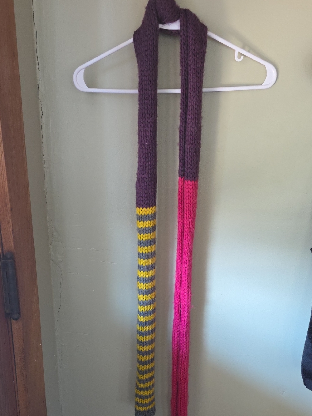 Hand-Knit Long Scarf in Plum, Hot Pink & Yellow Stripes